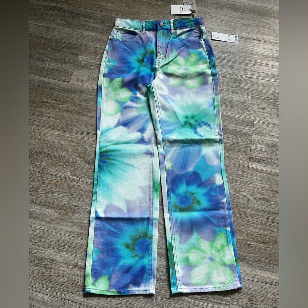 BDG Women's Cowboy Jeans High Rise Floral Tie Dye Blue Green Straight Leg